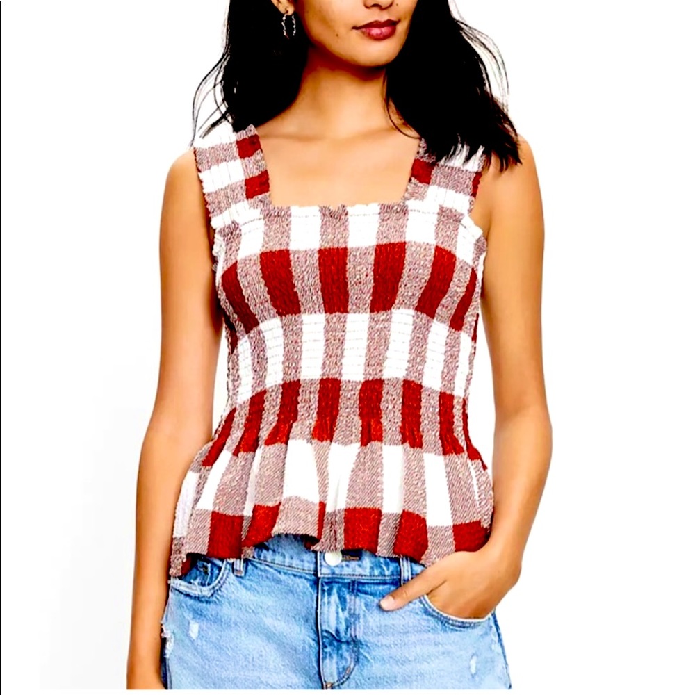 LOFT NWT Gingham Smocked Peplum Tank S